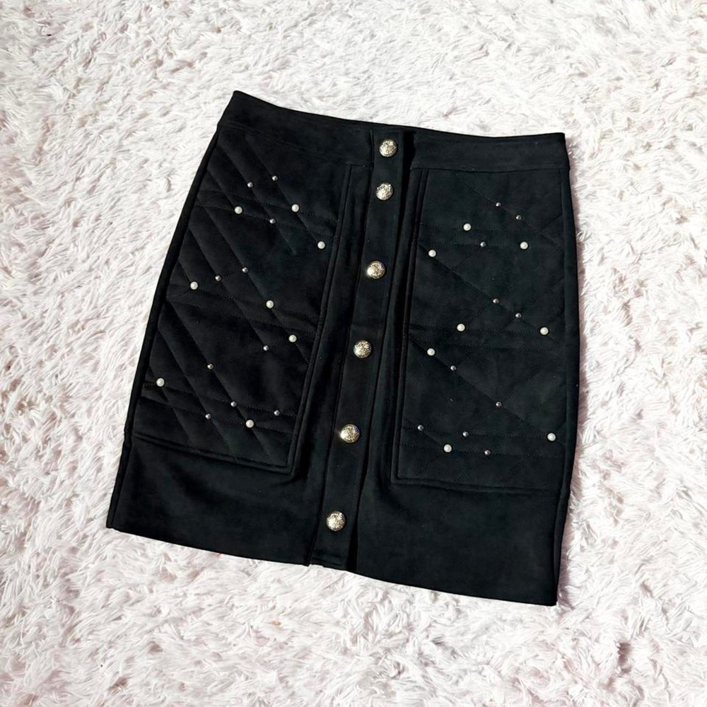 Quilted Sequin Pearl Embellished Urban Coquette Chic Classic Mini Skirt Womens M